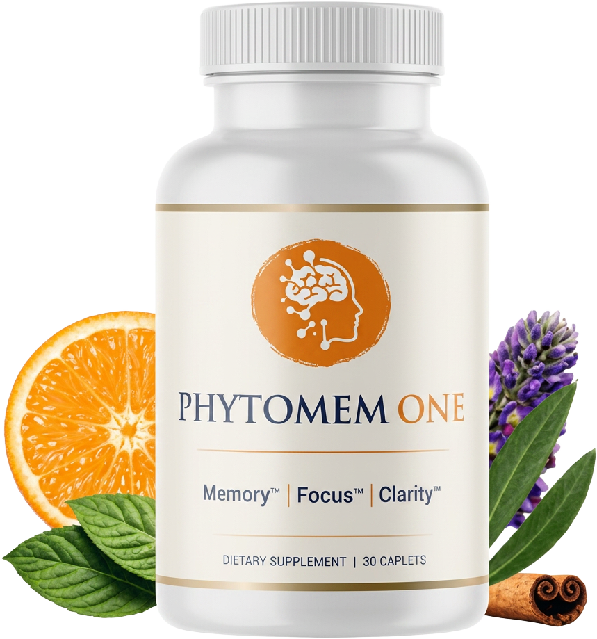 Phytomem One supplement bottle with orange slice, herbs and lavender